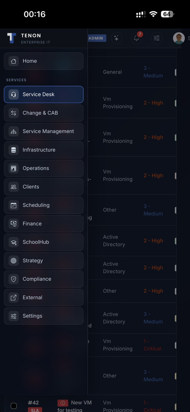 Tenon on mobile — menu
